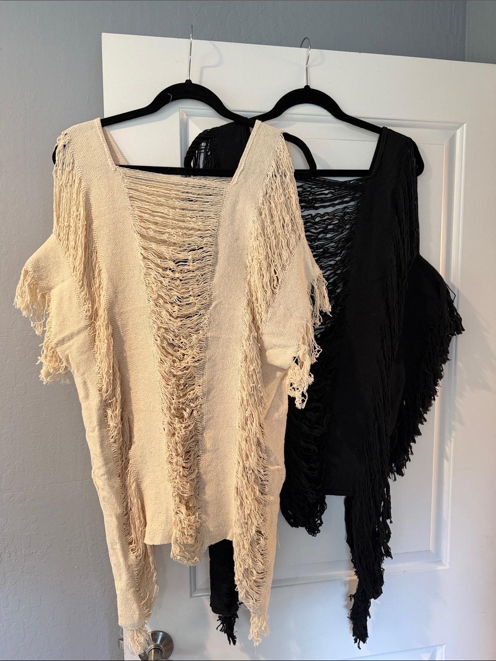 Women’s Open-Knit Fringe swim cover up - Cream and black